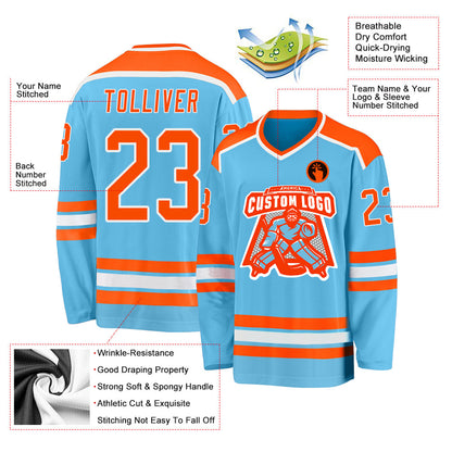 Custom Sky Blue Orange-White Hockey Jersey - Sky-Custom