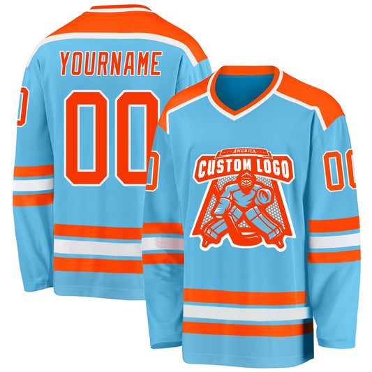 Custom Sky Blue Orange-White Hockey Jersey - Sky-Custom