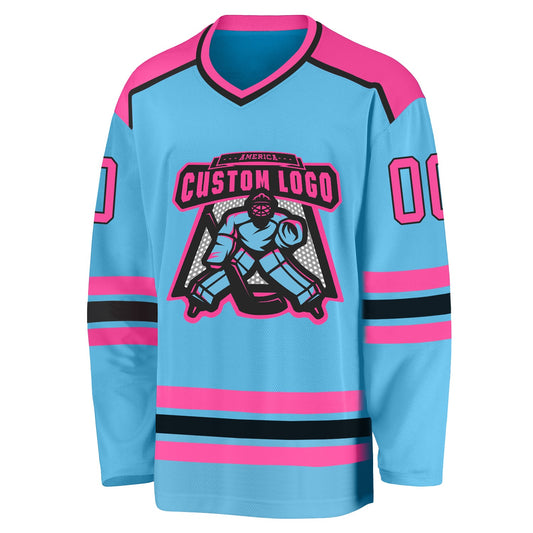 Custom Sky Blue Pink-Black Hockey Jersey - Sky-Custom