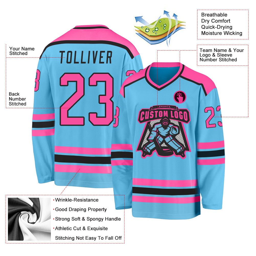 Custom Sky Blue Pink-Black Hockey Jersey - Sky-Custom