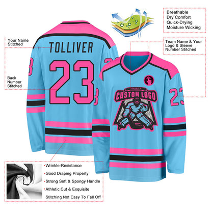 Custom Sky Blue Pink-Black Hockey Jersey - Sky-Custom