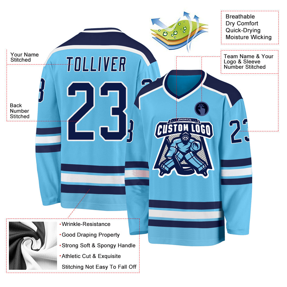 Custom Sky Blue Navy-White Hockey Jersey - Sky-Custom