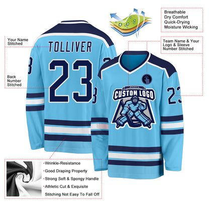 Custom Sky Blue Navy-White Hockey Jersey - Sky-Custom