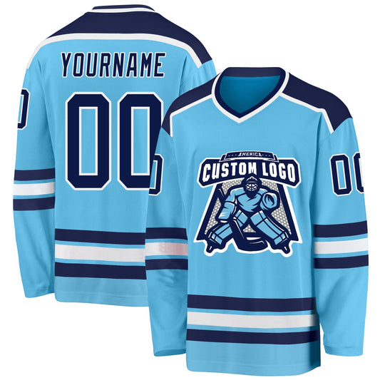 Custom Sky Blue Navy-White Hockey Jersey - Sky-Custom
