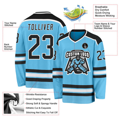 Custom Sky Blue Black-White Hockey Jersey - Sky-Custom