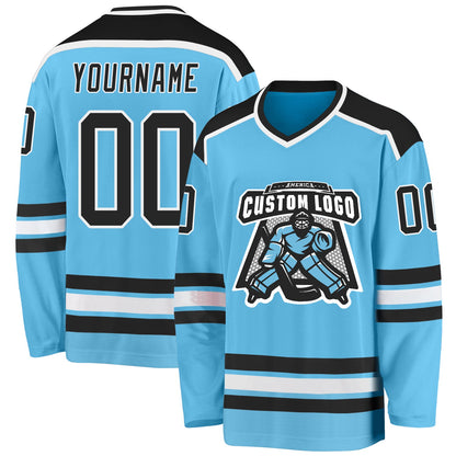 Custom Sky Blue Black-White Hockey Jersey - Sky-Custom