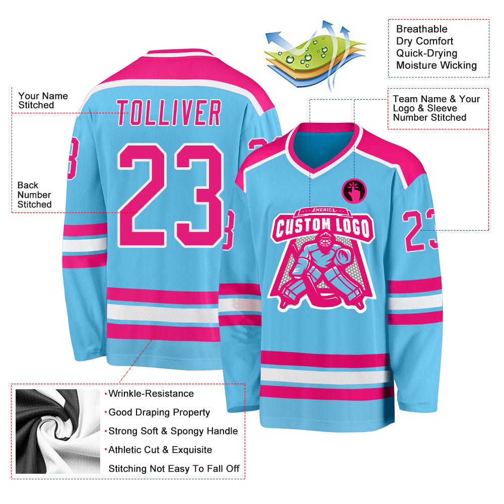 Custom Sky Blue Hot Pink-White Hockey Jersey - Sky-Custom