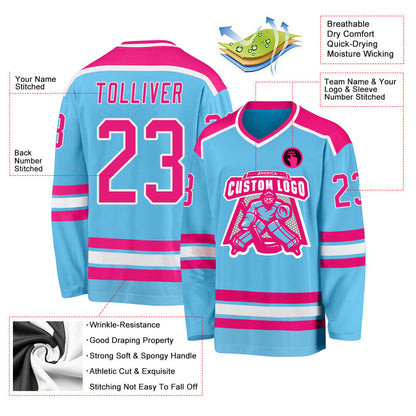 Custom Sky Blue Hot Pink-White Hockey Jersey - Sky-Custom