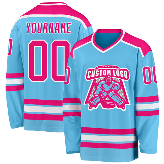 Custom Sky Blue Hot Pink-White Hockey Jersey - Sky-Custom