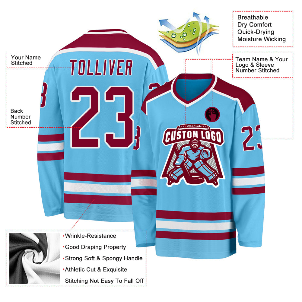 Custom Sky Blue Maroon-White Hockey Jersey - Sky-Custom