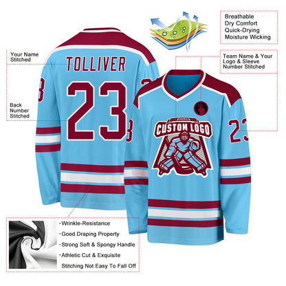 Custom Sky Blue Maroon-White Hockey Jersey - Sky-Custom