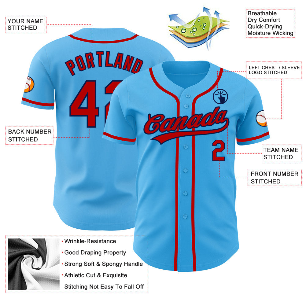 Custom Sky Blue Red-Navy Authentic Baseball Jersey - Sky-Custom