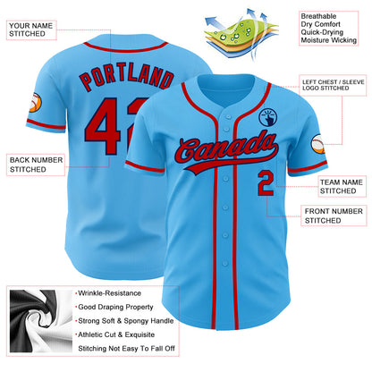 Custom Sky Blue Red-Navy Authentic Baseball Jersey - Sky-Custom