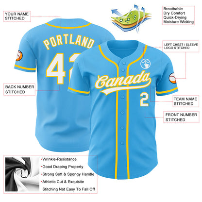 Custom Sky Blue White-Yellow Authentic Baseball Jersey - Sky-Custom