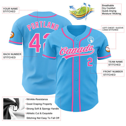 Custom Sky Blue Pink-White Authentic Baseball Jersey - Sky-Custom
