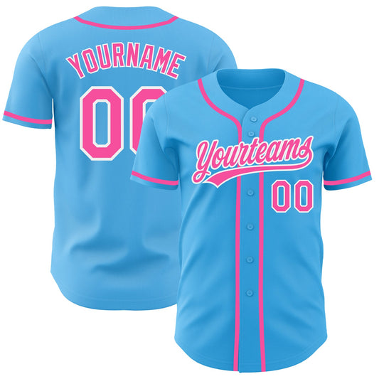 Custom Sky Blue Pink-White Authentic Baseball Jersey - Sky-Custom