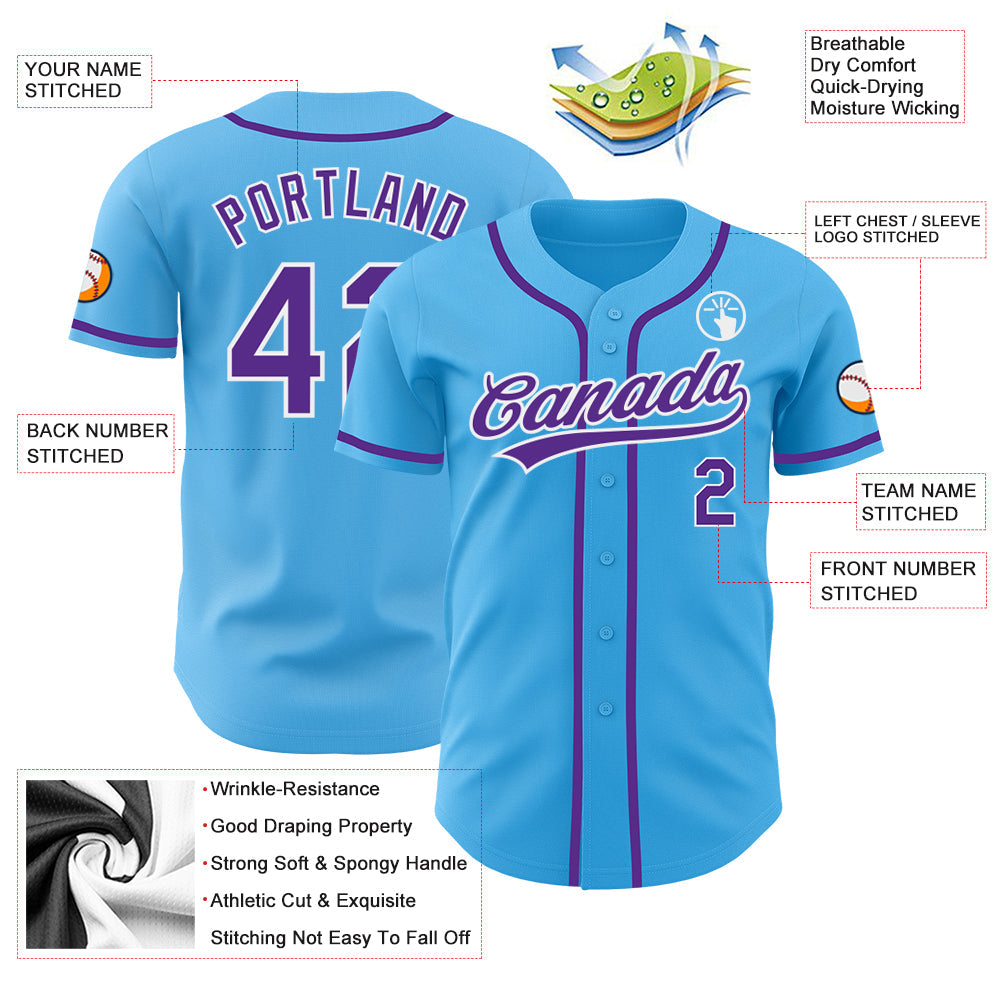 Custom Sky Blue Purple-White Authentic Baseball Jersey - Sky-Custom