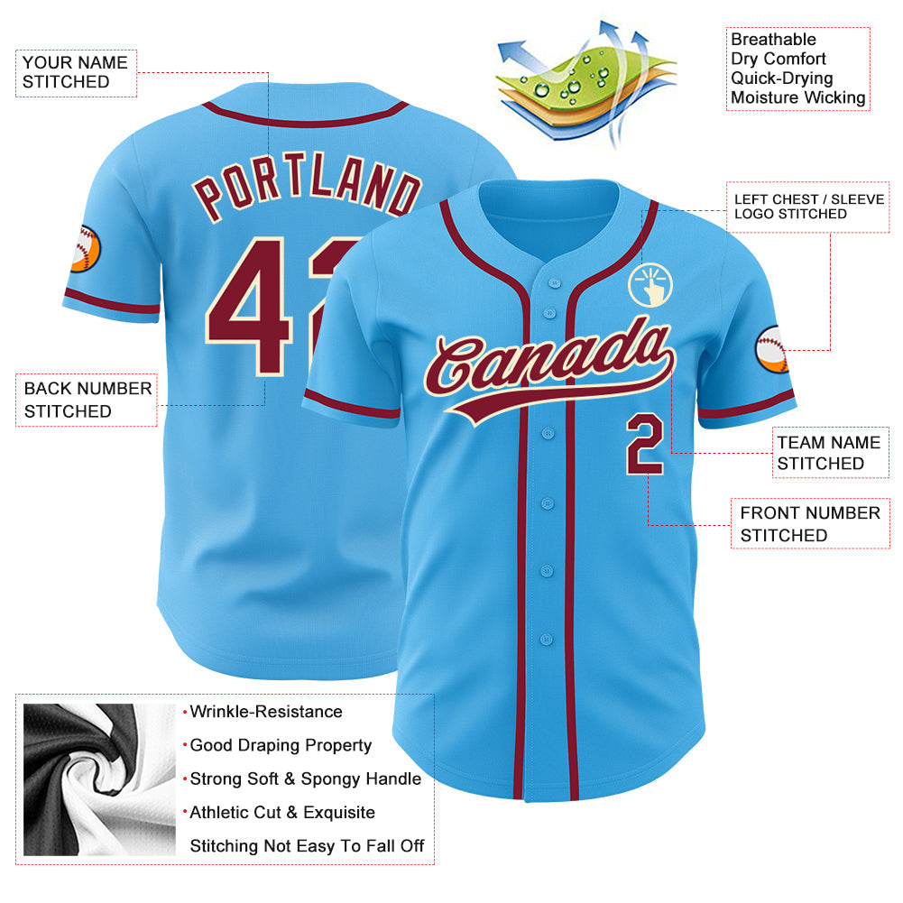 Custom Sky Blue Crimson-Cream Authentic Baseball Jersey - Sky-Custom