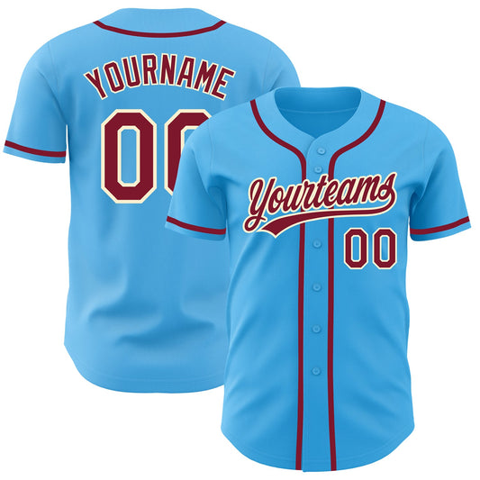 Custom Sky Blue Crimson-Cream Authentic Baseball Jersey - Sky-Custom