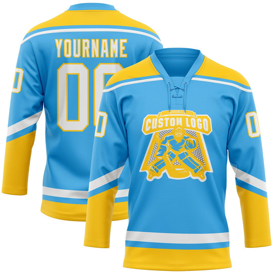 Custom Sky Blue White-Yellow Hockey Lace Neck Jersey - Sky-Custom
