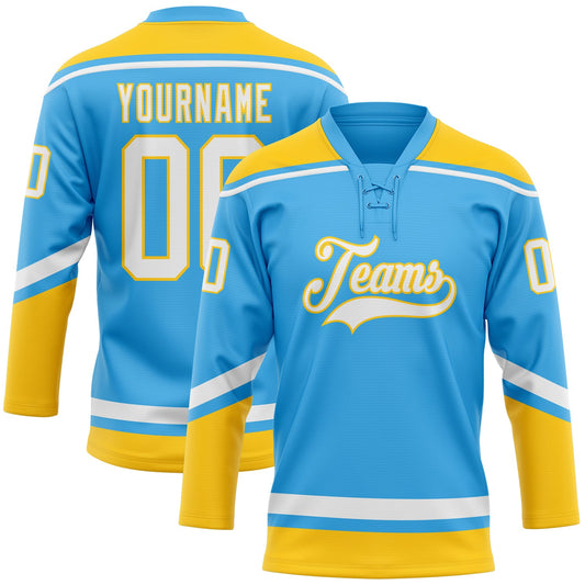 Custom Sky Blue White-Yellow Hockey Lace Neck Jersey - Sky-Custom