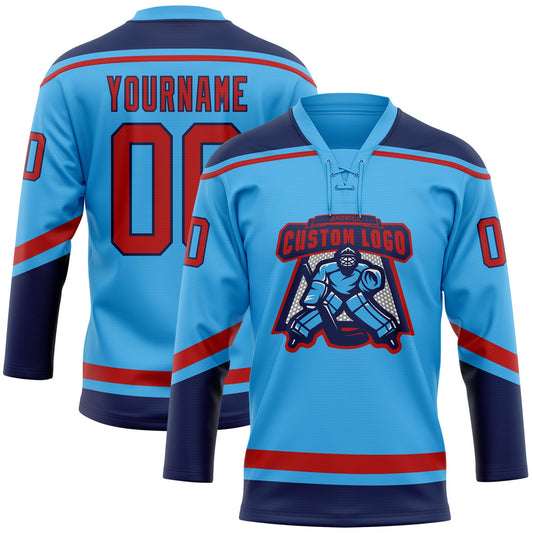 Custom Sky Blue Red-Navy Hockey Lace Neck Jersey - Sky-Custom