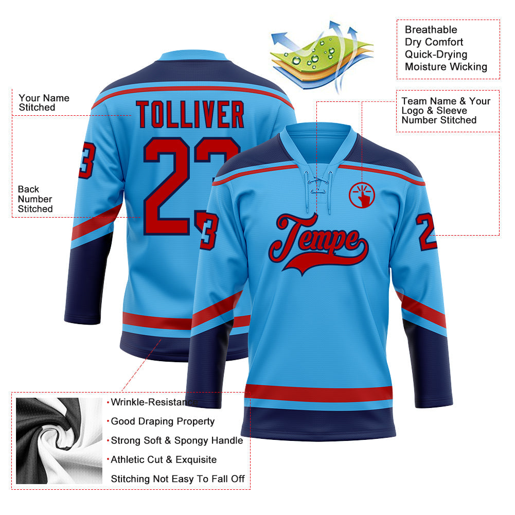Custom Sky Blue Red-Navy Hockey Lace Neck Jersey - Sky-Custom
