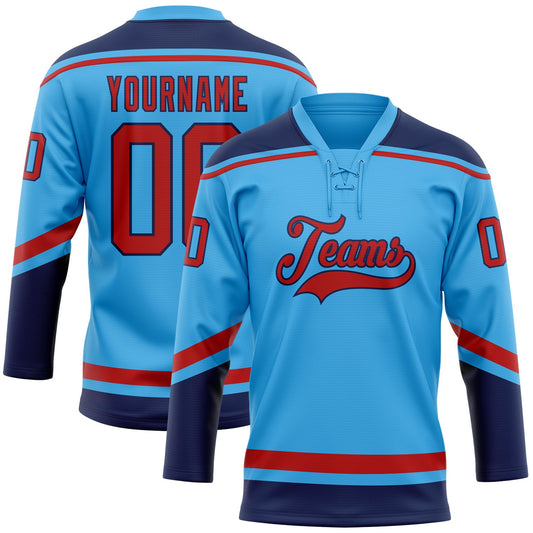 Custom Sky Blue Red-Navy Hockey Lace Neck Jersey - Sky-Custom