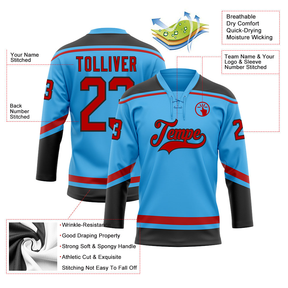 Custom Sky Blue Red-Black Hockey Lace Neck Jersey - Sky-Custom