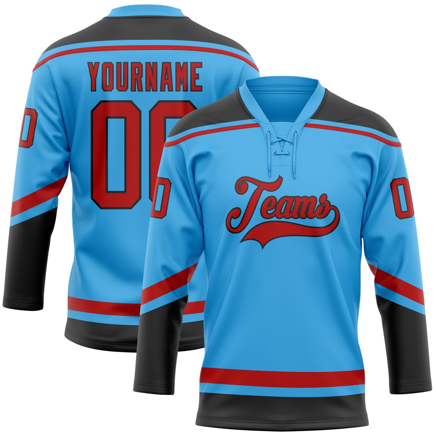 Custom Sky Blue Red-Black Hockey Lace Neck Jersey - Sky-Custom