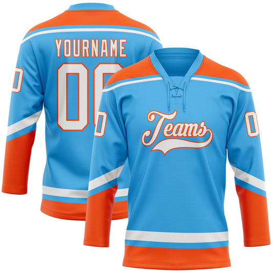 Custom Sky Blue White-Orange Hockey Lace Neck Jersey - Sky-Custom