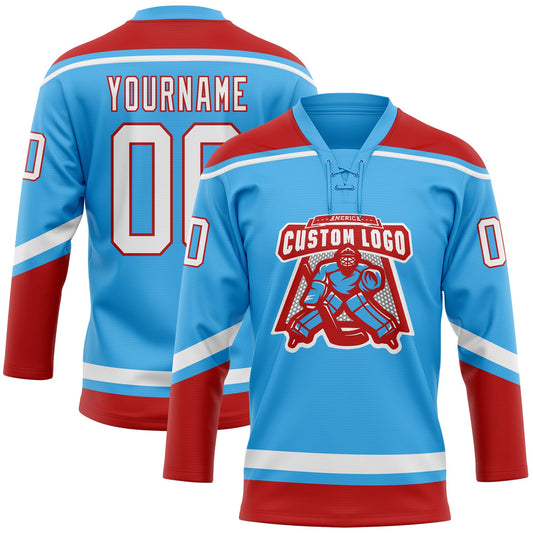 Custom Sky Blue White-Red Hockey Lace Neck Jersey - Sky-Custom