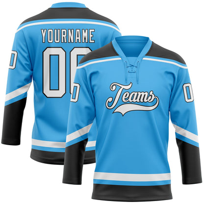 Custom Sky Blue White-Black Hockey Lace Neck Jersey - Sky-Custom