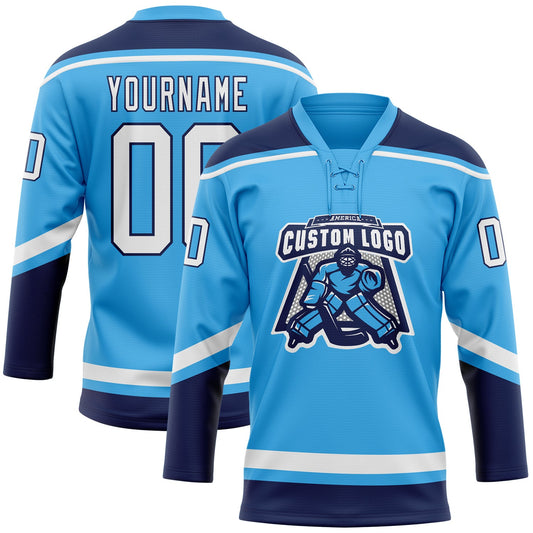 Custom Sky Blue White-Navy Hockey Lace Neck Jersey - Sky-Custom