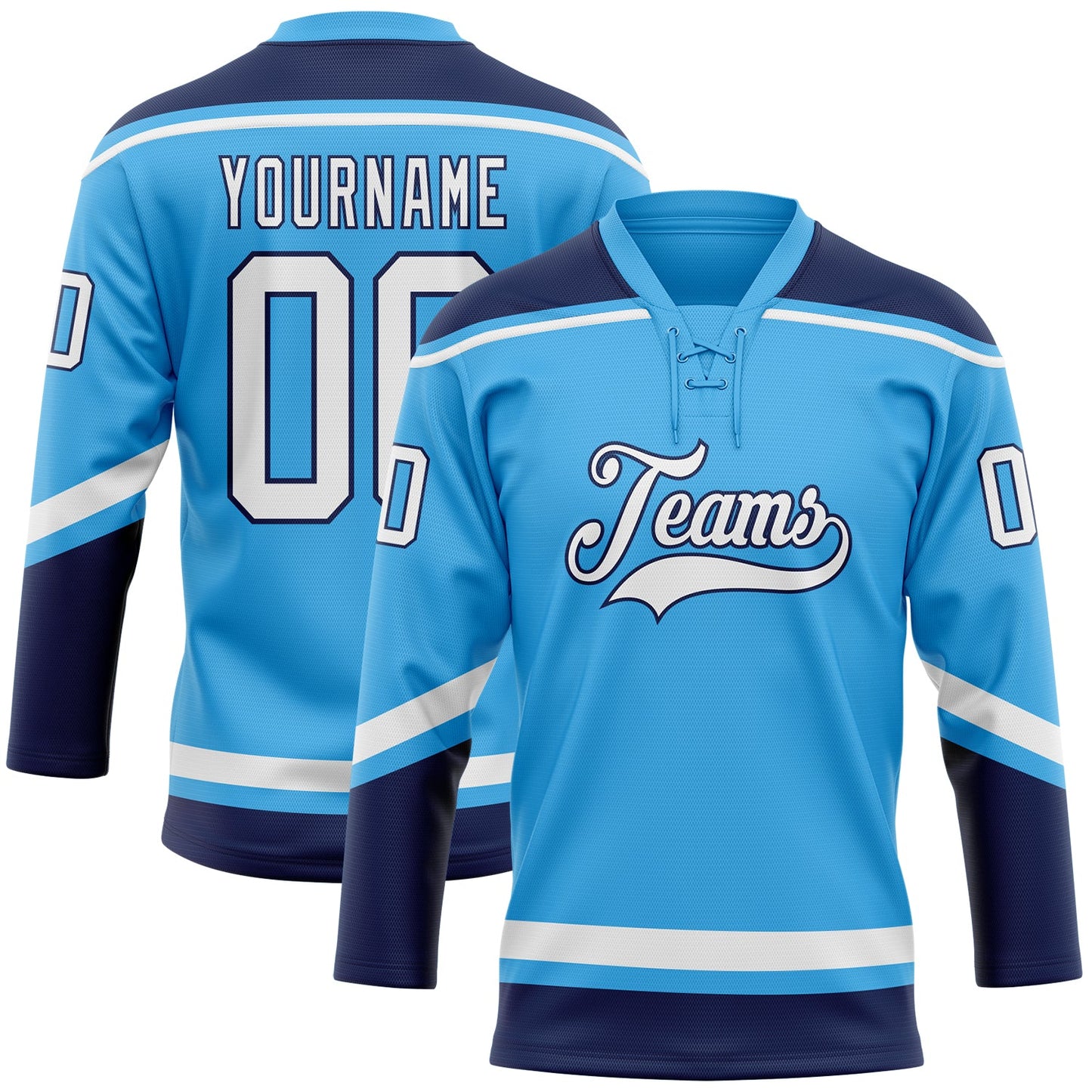 Custom Sky Blue White-Navy Hockey Lace Neck Jersey - Sky-Custom
