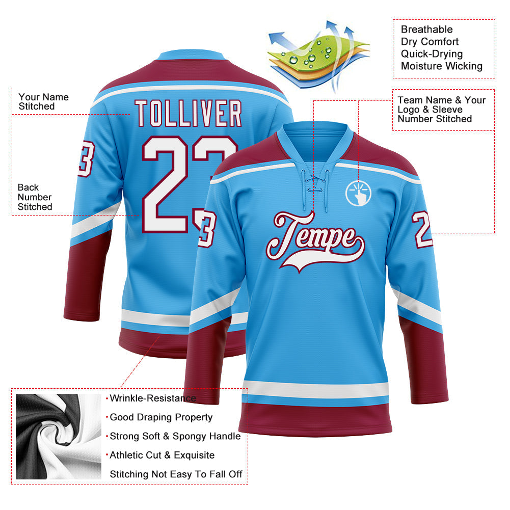 Custom Sky Blue White-Maroon Hockey Lace Neck Jersey - Sky-Custom
