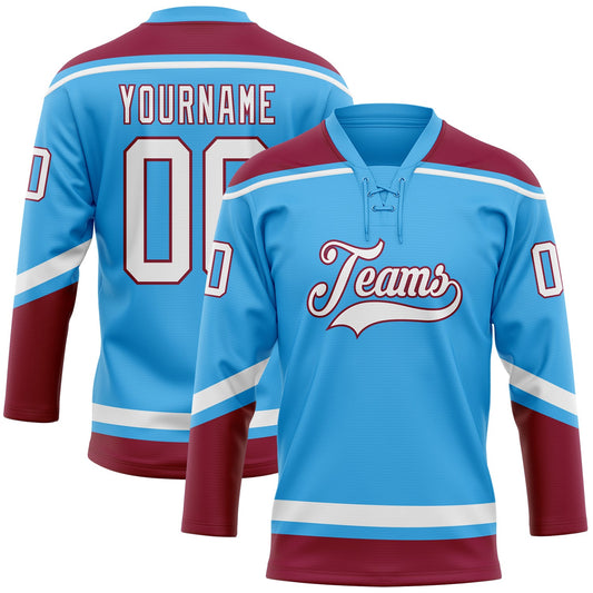 Custom Sky Blue White-Maroon Hockey Lace Neck Jersey - Sky-Custom