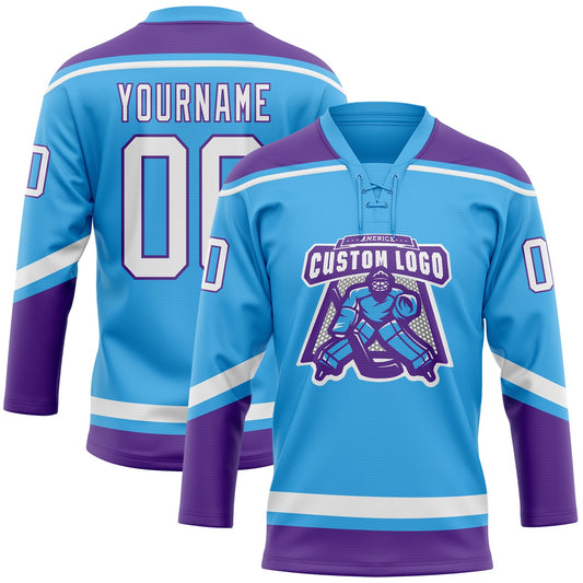 Custom Sky Blue White-Purple Hockey Lace Neck Jersey - Sky-Custom