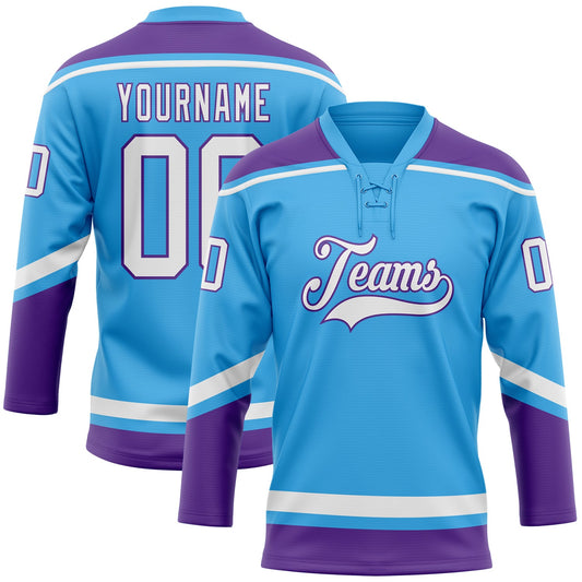 Custom Sky Blue White-Purple Hockey Lace Neck Jersey - Sky-Custom