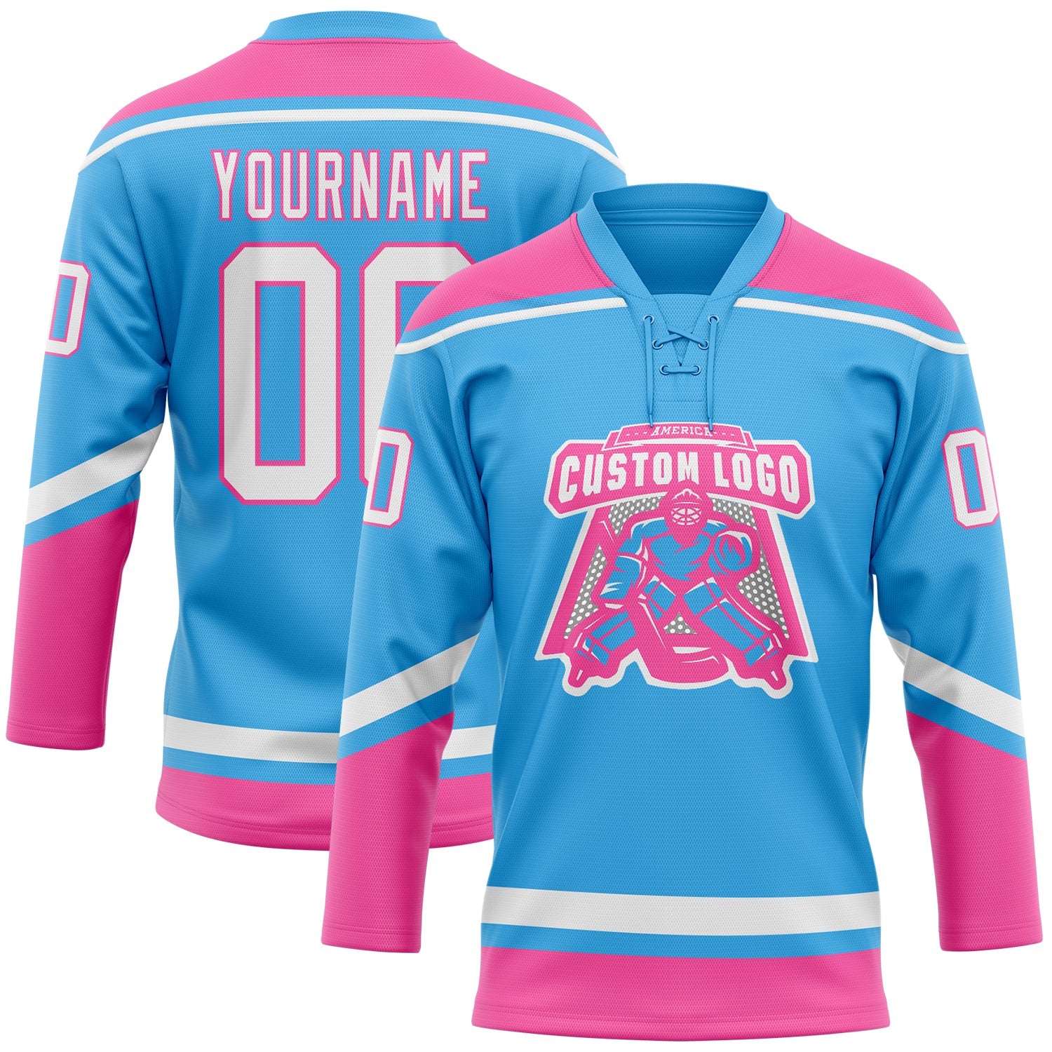 Custom Sky Blue White-Pink Hockey Lace Neck Jersey - Sky-Custom