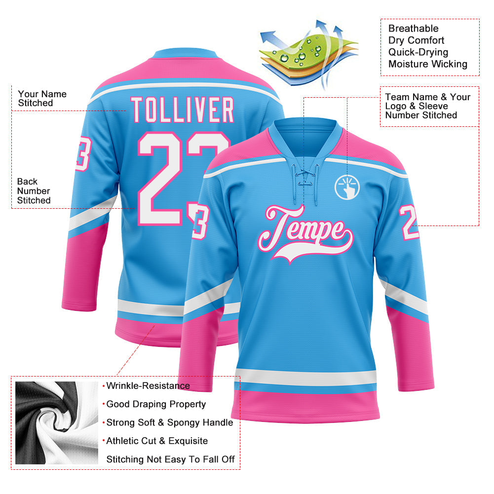 Custom Sky Blue White-Pink Hockey Lace Neck Jersey - Sky-Custom