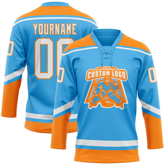 Custom Sky Blue White-Bay Orange Hockey Lace Neck Jersey - Sky-Custom