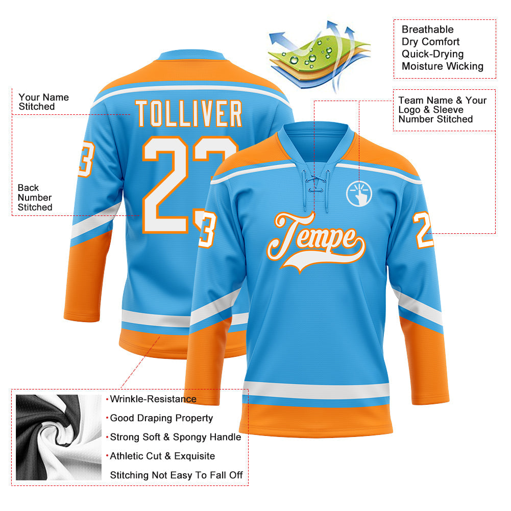 Custom Sky Blue White-Bay Orange Hockey Lace Neck Jersey - Sky-Custom