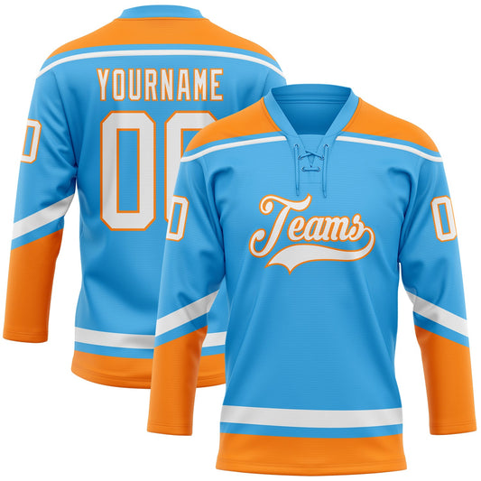 Custom Sky Blue White-Bay Orange Hockey Lace Neck Jersey - Sky-Custom