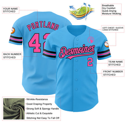 Custom Sky Blue Pink-Black Authentic Baseball Jersey - Sky-Custom