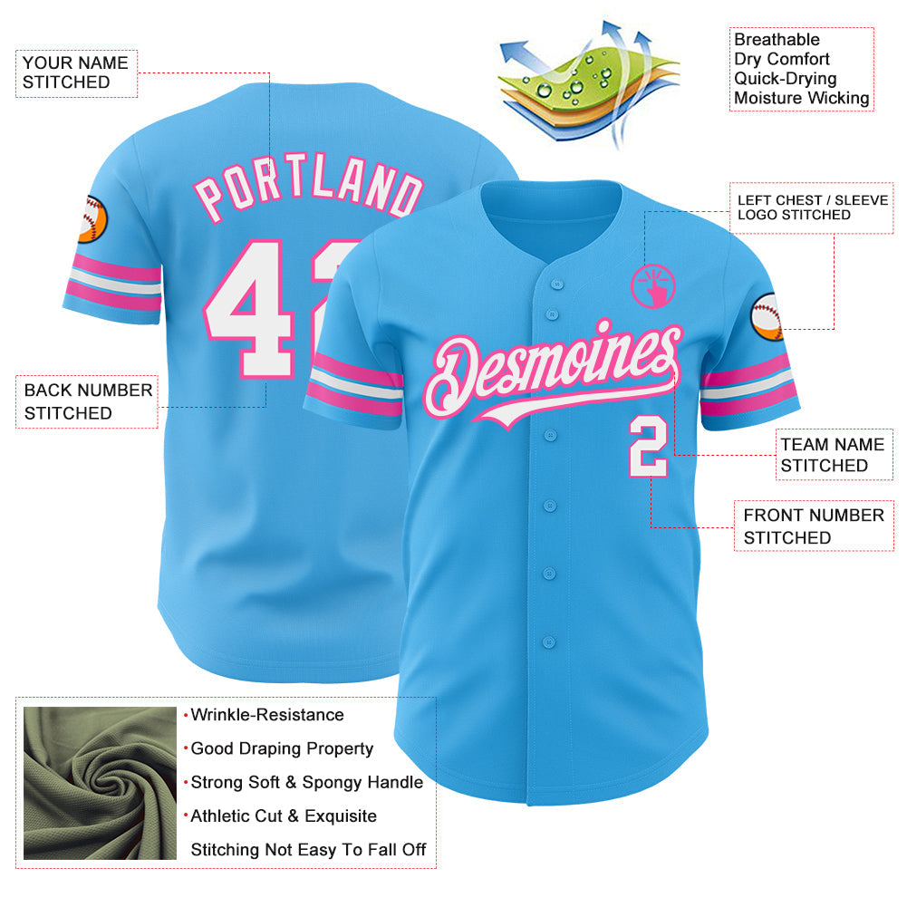 Custom Sky Blue White-Pink Authentic Baseball Jersey - Sky-Custom