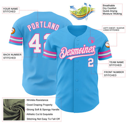 Custom Sky Blue White-Pink Authentic Baseball Jersey - Sky-Custom