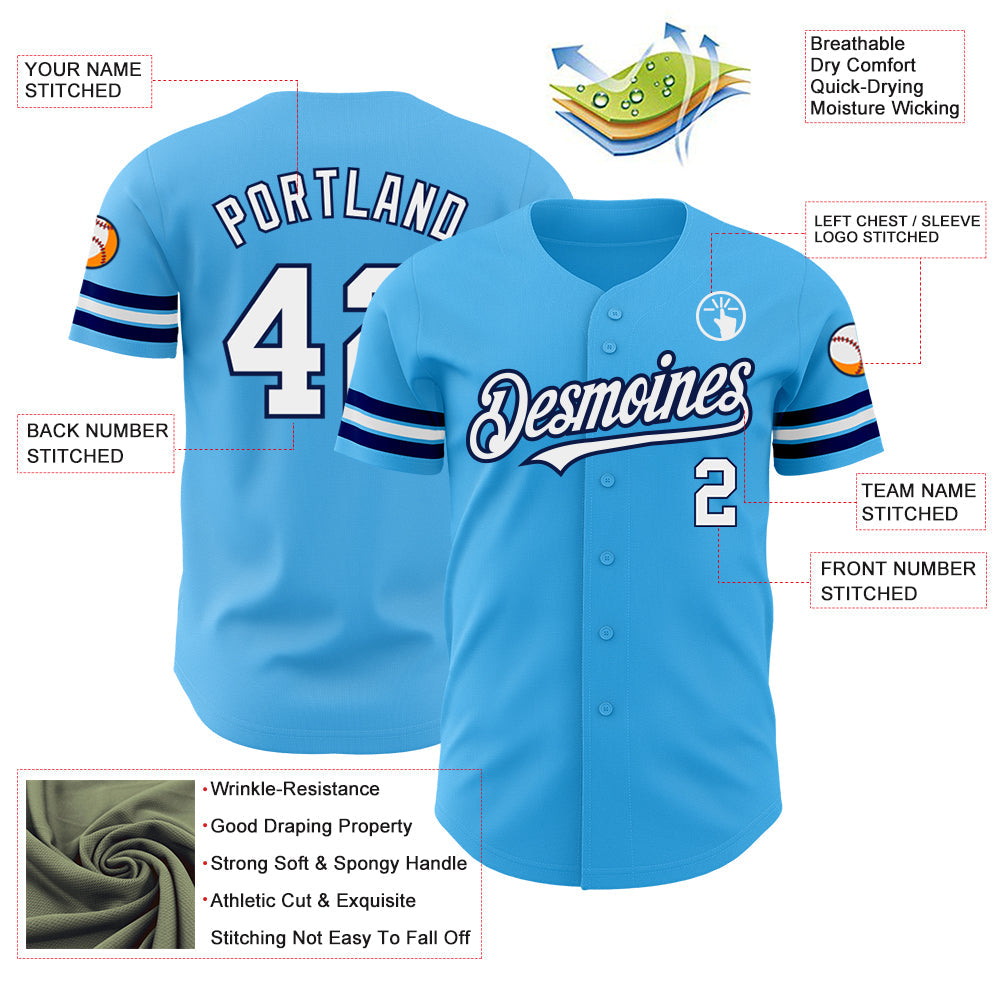 Custom Sky Blue White-Navy Authentic Baseball Jersey - Sky-Custom