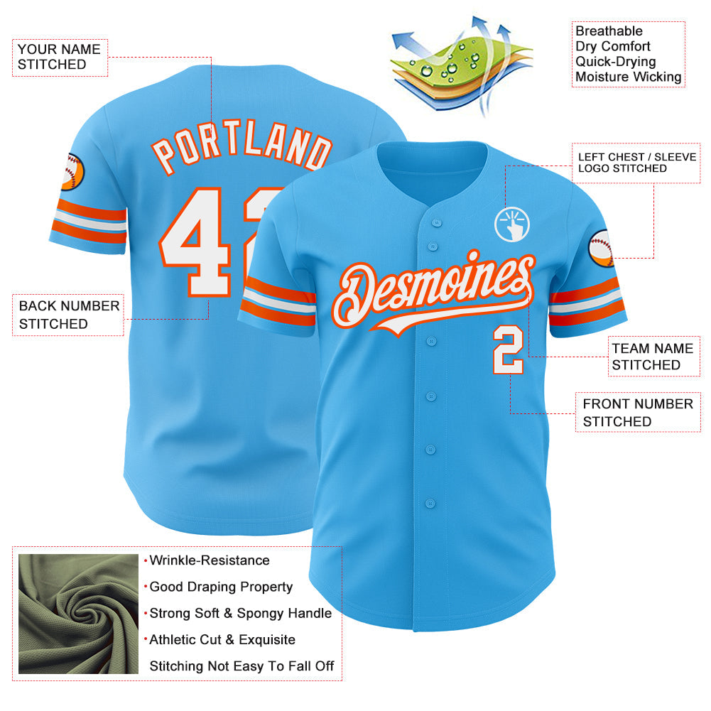 Custom Sky Blue White-Orange Authentic Baseball Jersey - Sky-Custom