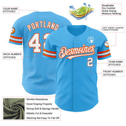 Custom Sky Blue White-Orange Authentic Baseball Jersey - Sky-Custom